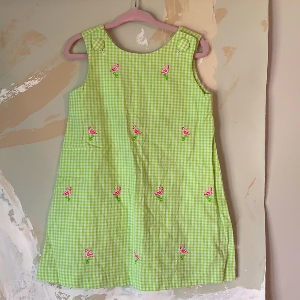 Checkered Green Rare Editions 3T dress with flamingo embroidery. Great condition
